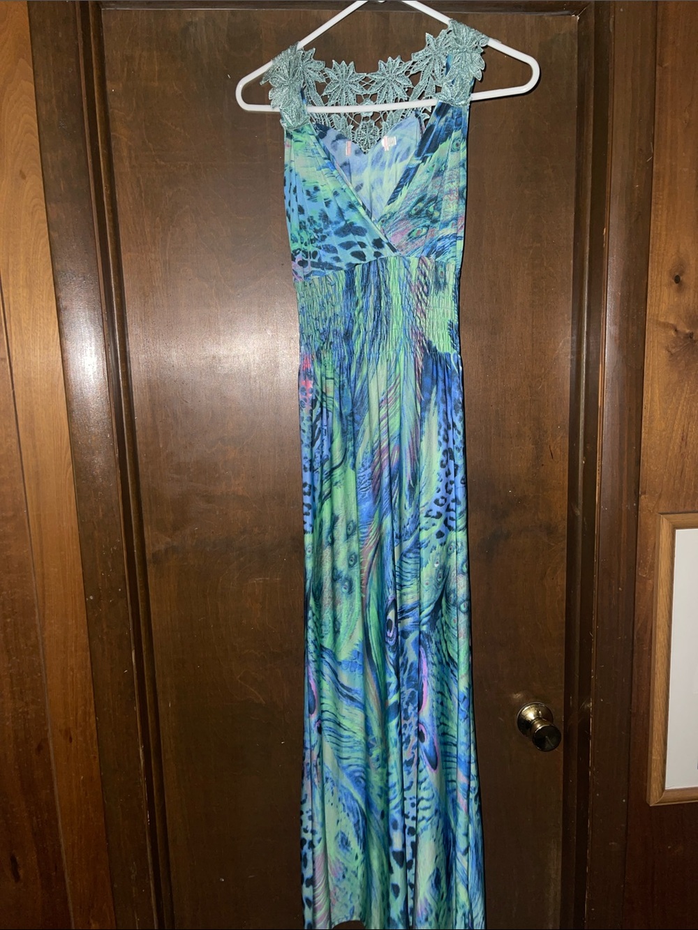 Women’s Floral Lace Strap Maxi Dress in Blue-Green